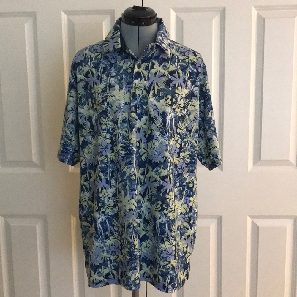 Callaway Floral Palm Trees Blue Green White Golf Casual Polo Shirt L